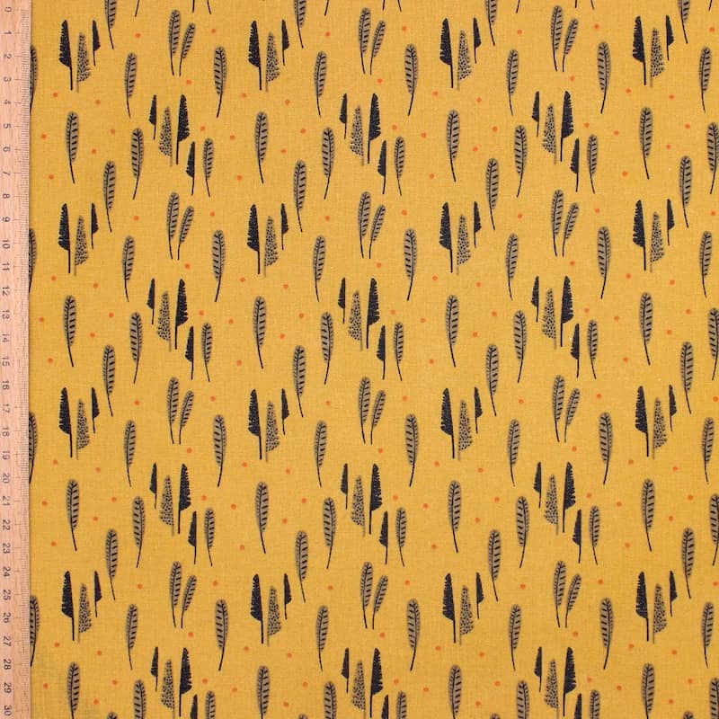 100% cotton fabric with feathers - mustard yellow