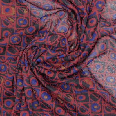 Jersey stof met grafische print - rood, zwart en blauw 