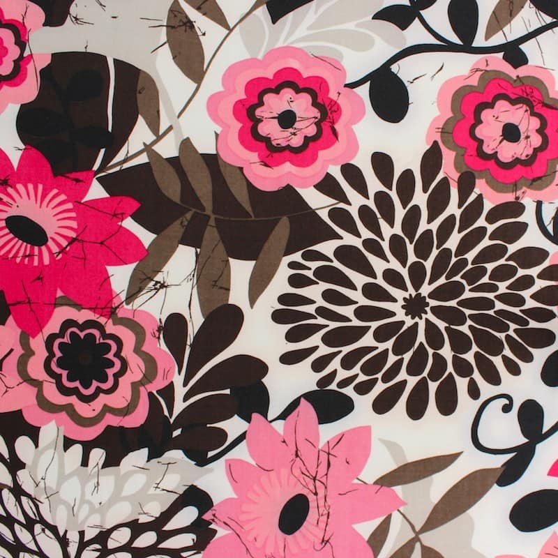 Polyester fabric with black, pink and beige flowers on beige background