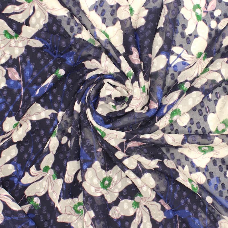 Polyester sluier met bloemen - marineblauw 