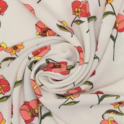 Polyester fabric with flowers resembling crêpe - beige