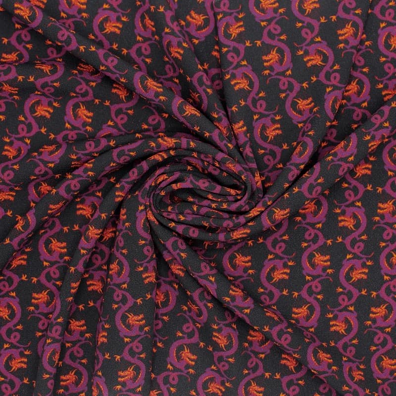 Polyester crêpe fabric with dragons - black 