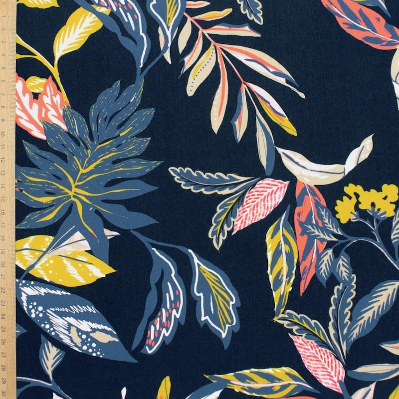 Polyester fabric with foliage - navy blue