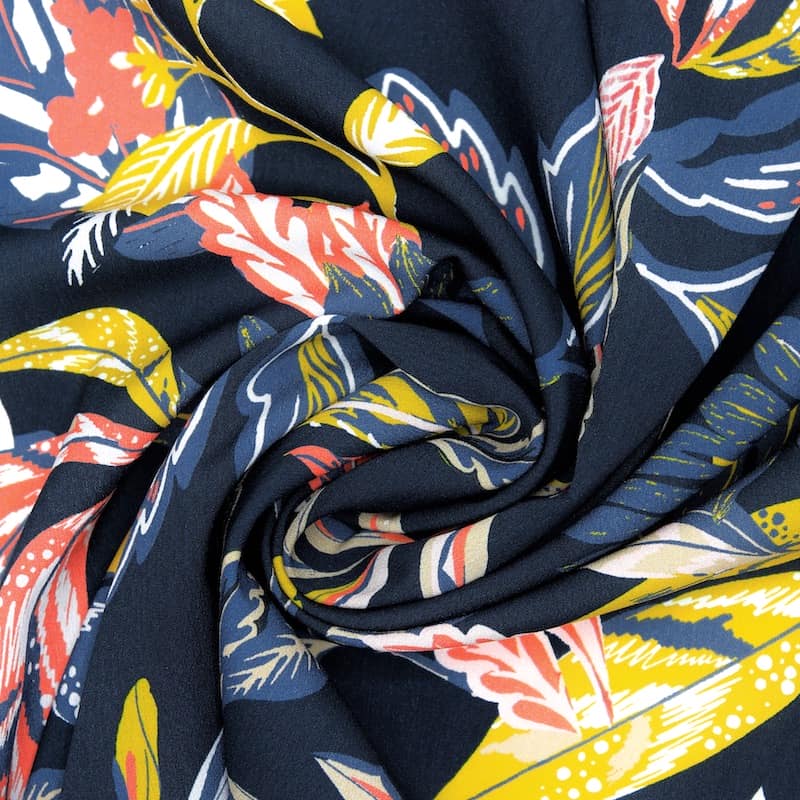 Polyester fabric with foliage - navy blue