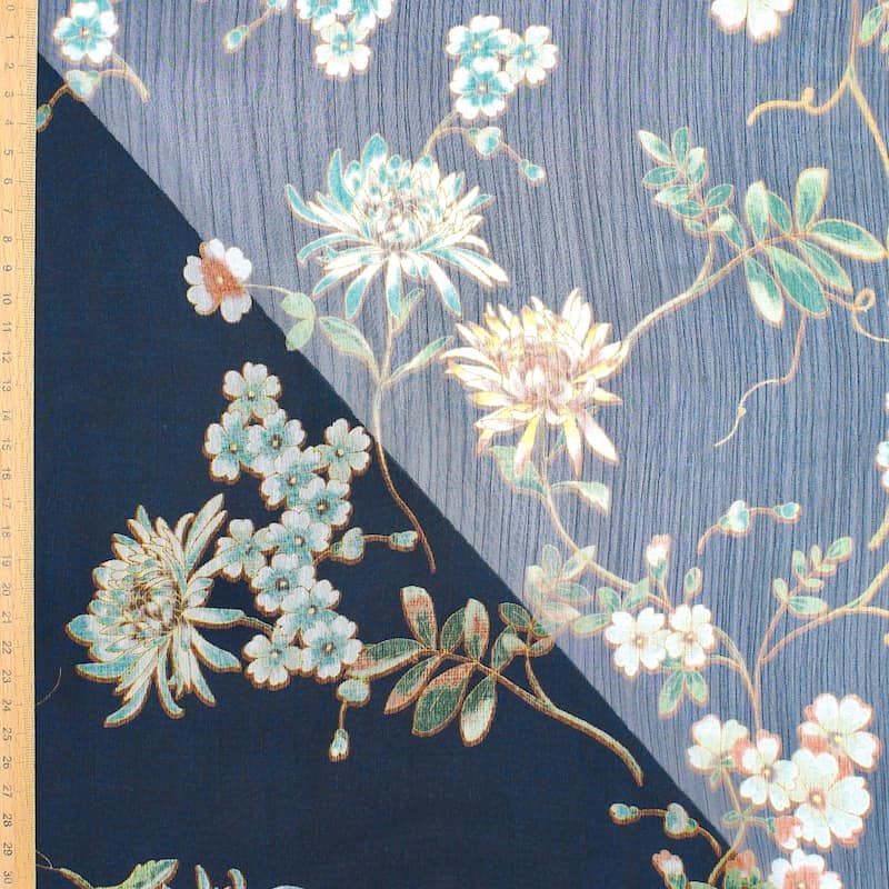 Gerimpelde polyester sluier met bloemen - donkerblauw
