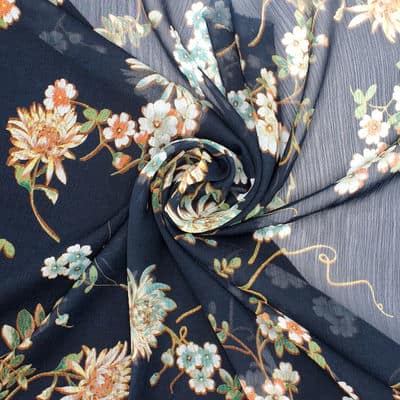 Gathered polyester veil with flowers - midnight blue 