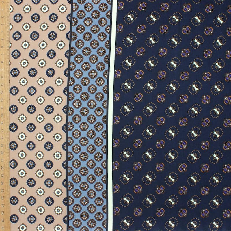 Tissu polyester motifs - beige et bleu