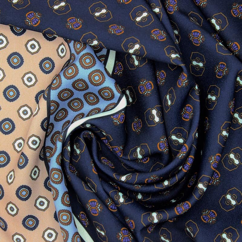 Polyester fabric with patterns - beige and blue 