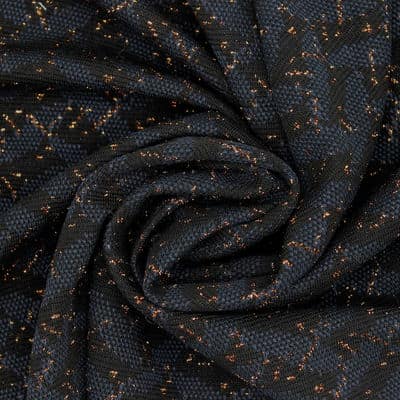 Tissu maille graphique fil lurex cuivré - noir 