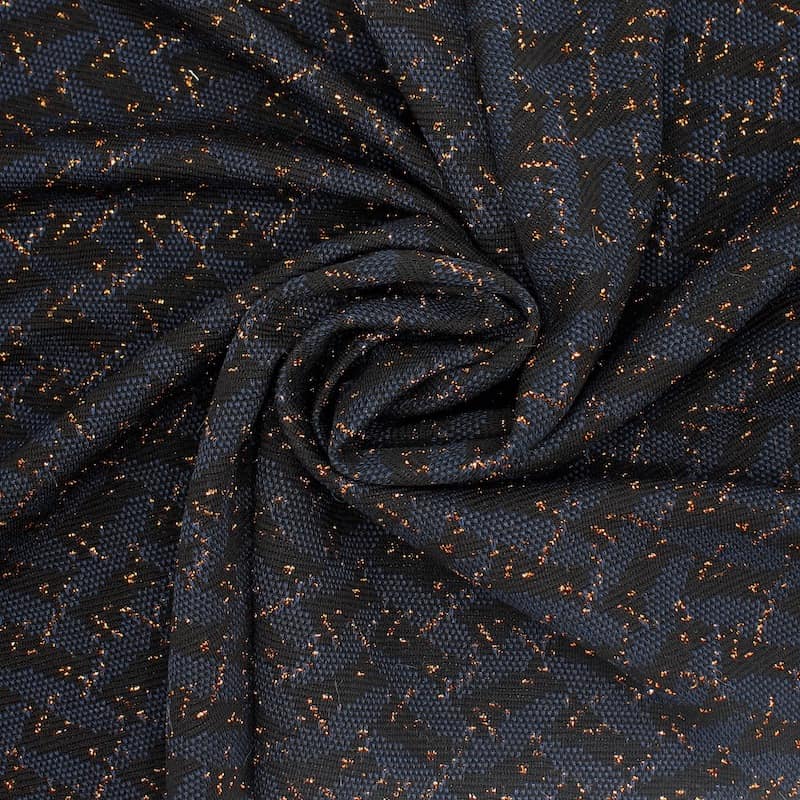 Tissu maille graphique fil lurex cuivré - noir 