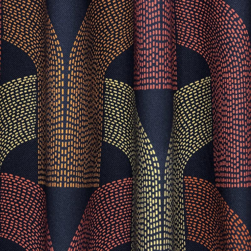 Cotton fabric with graphic print - navy blue and coral 
