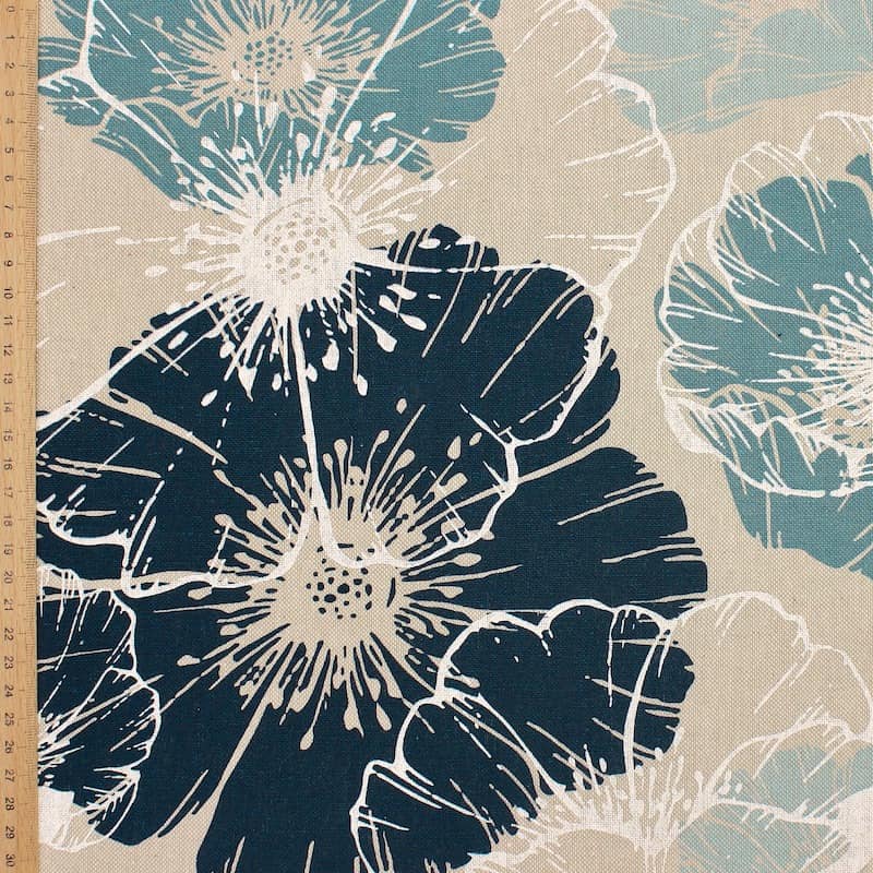 Stof in katoen en polyester met bloemen - blauw