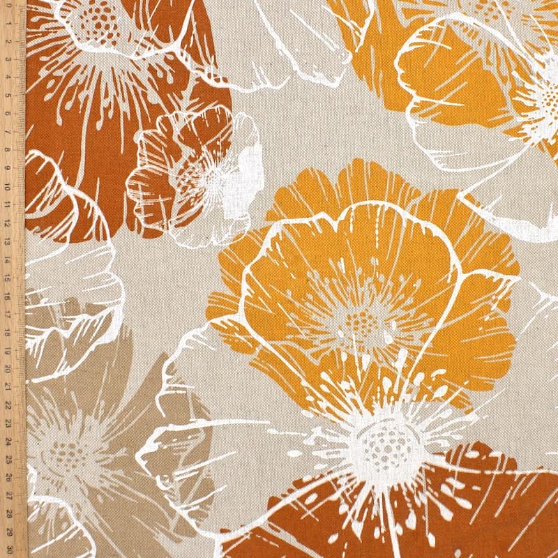 Tissu coton et polyester fleurs - rouille