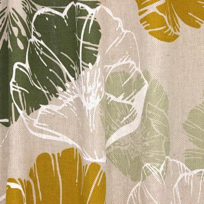 Stof in katoen en polyester met bloemen - mosterdgeel en groen