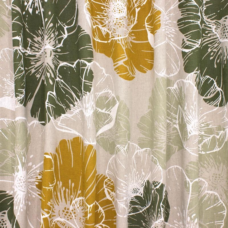 Stof in katoen en polyester met bloemen - mosterdgeel en groen