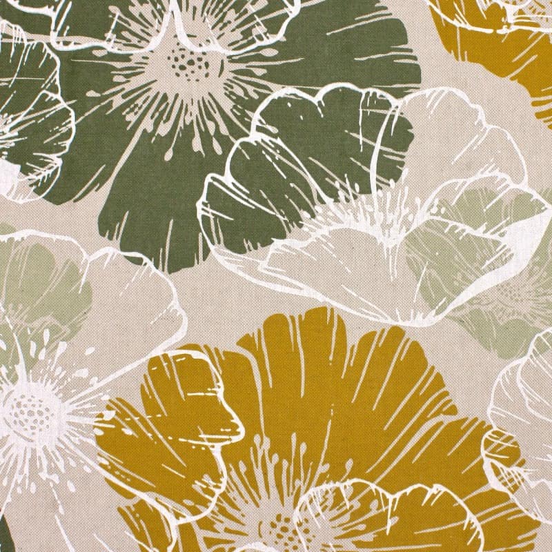 Fabric in cotton and polyester with flowers - mustard yellow & green