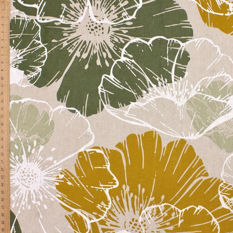 Tissu coton et polyester fleurs - moutarde