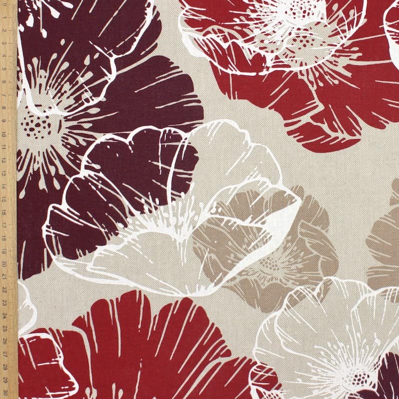 Fabric in cotton and polyester with flowers - red