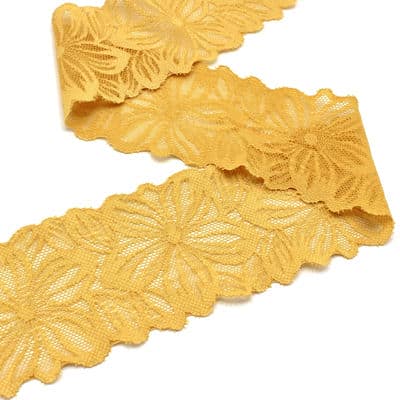 Elastic lace with flowers - mustard yellow