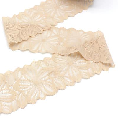 Elastic lace with flowers - beige