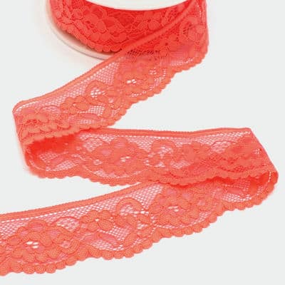 Elastic lace with flowers - coral