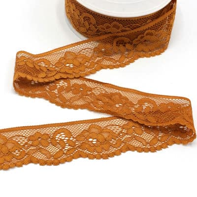 Elastic lace with flowers - rust-colored