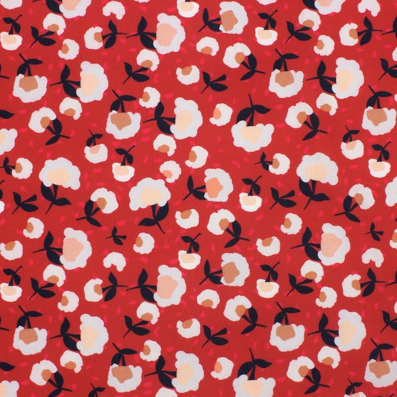 Cotton twill fabric with flowers - cherry red