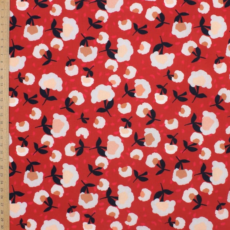 Cotton twill fabric with flowers - cherry red