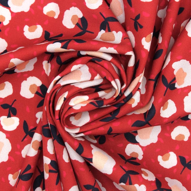 Tissu coton sergé fleurs - cerise