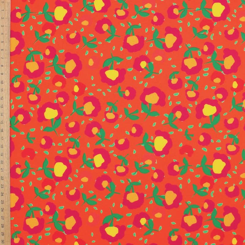 Tissu coton sergé fleurs - orange