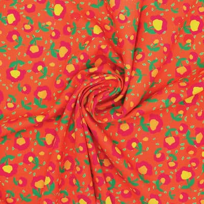 Katoen twill stof met bloemen - oranje 
