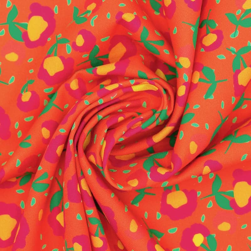 Tissu coton sergé fleurs - orange