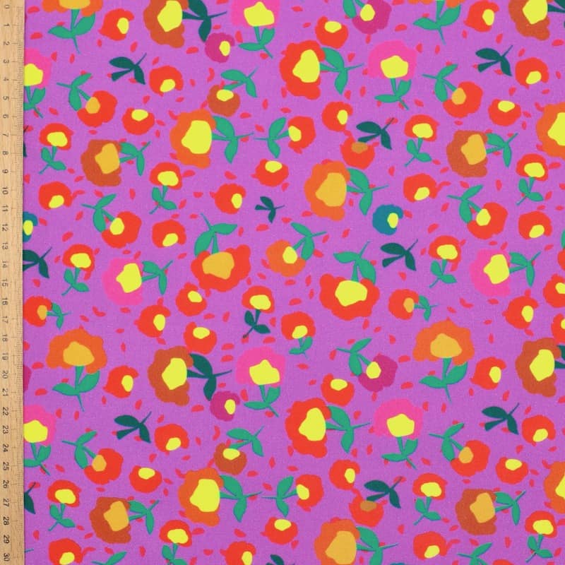Cotton twill fabric with flowers - purple