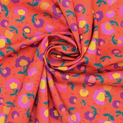 Cotton twill fabric with flowers - coral