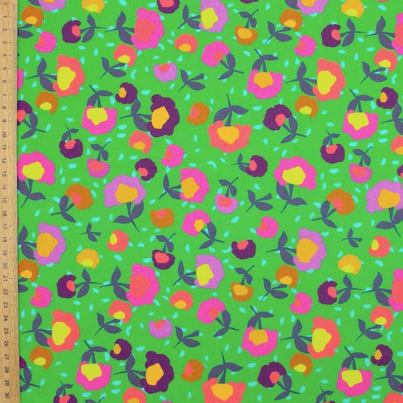 Tissu coton sergé fleurs - vert