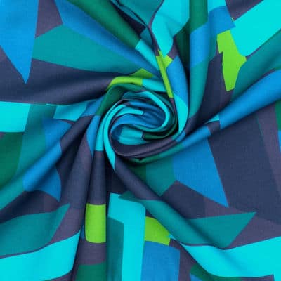 Katoen twill stof met grafische motief - blauw en groen