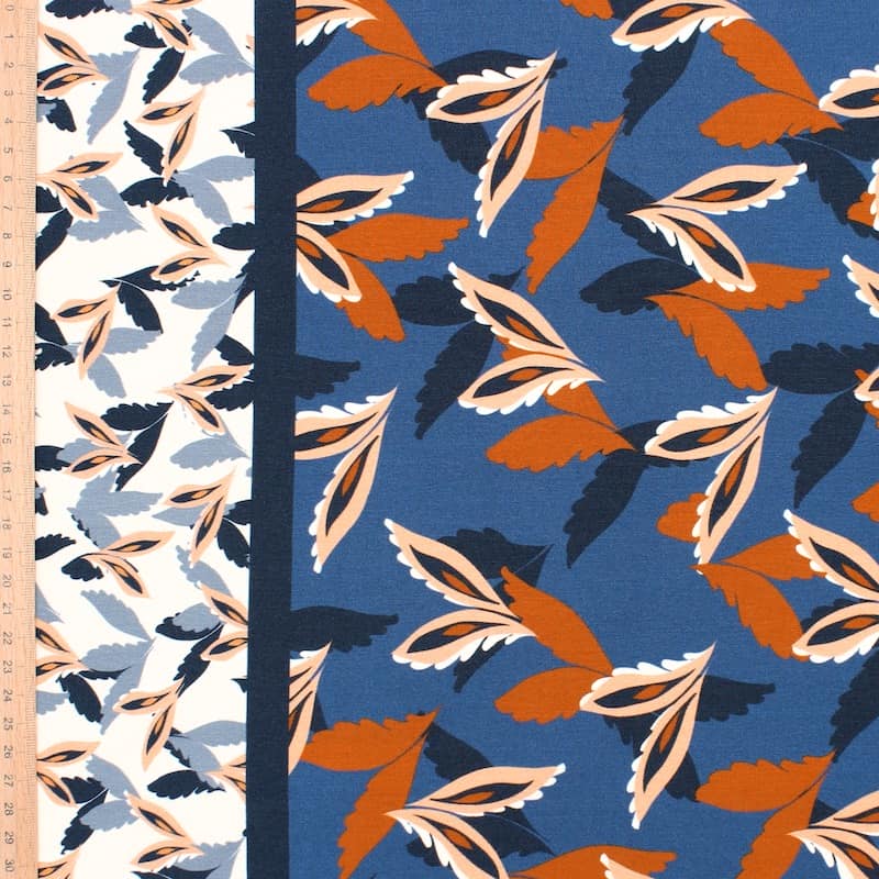 Polyester jersey fabric with foliage print - blue and rust-colored