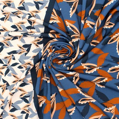 Polyester jersey fabric with foliage print - blue and rust-colored