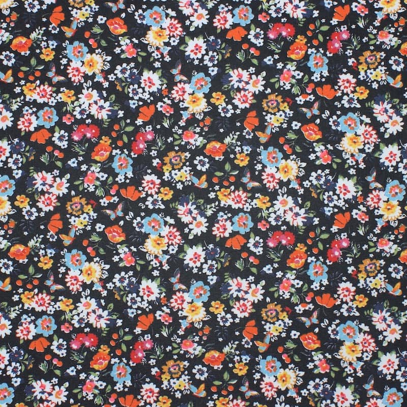 Fabric in cotton and polyester with flowers - black
