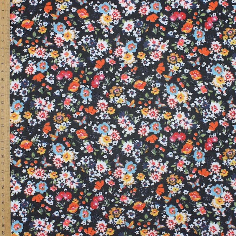 Fabric in cotton and polyester with flowers - black