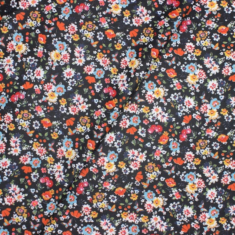 Tissu en coton enduit floral - noir