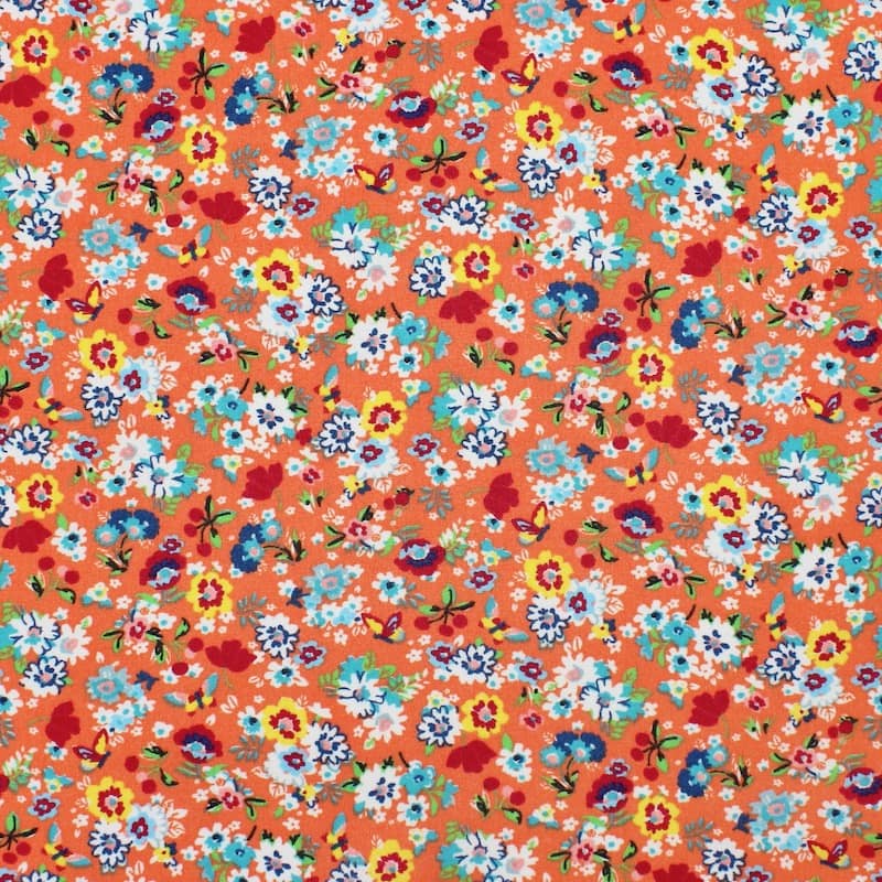 Fabric in cotton and polyester with flowers - coral