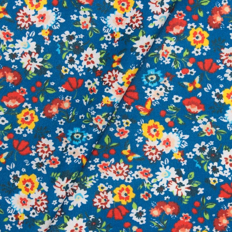Fabric in cotton and polyester with flowers - blue 