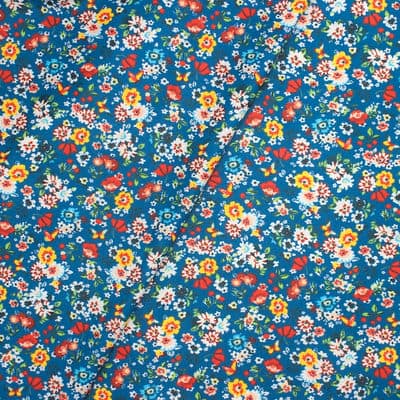 Tissu en coton enduit floral - bleu