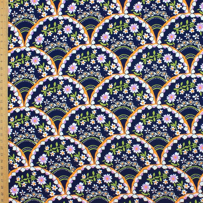 Polyester twill fabric with flowers - navy blue 