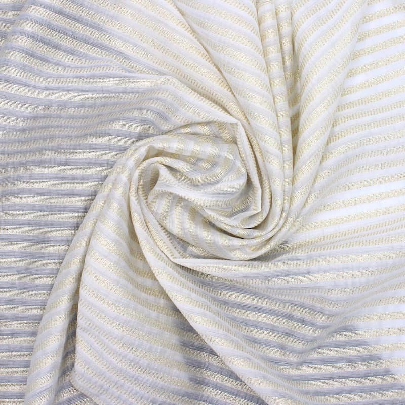 Tissu voile polyester rayures - blanc et doré