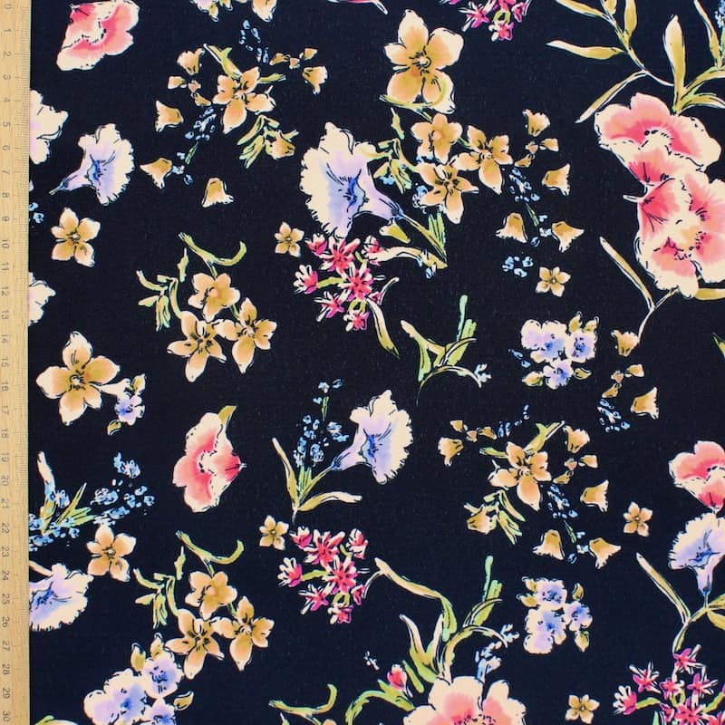 Polyester fabric with flowers - black 