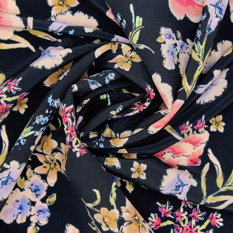 Tissu polyester fleurs - noir
