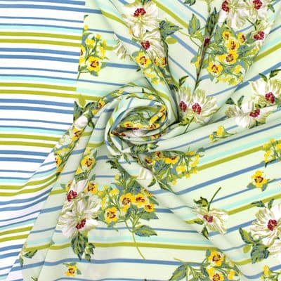 Crêpe fabric with flowers and stripes - blue and green