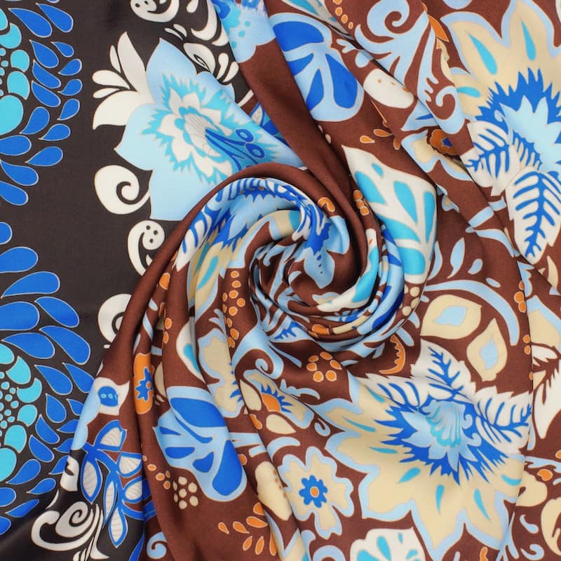 Viscose satin fabric with flowers - brown 